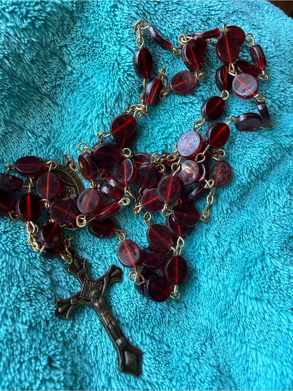 Vintage St Therese Little Flower Rosary Red Beads Bronze Tone Crucifix Catholic